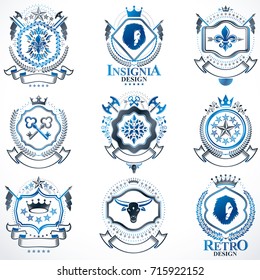 Vector classy heraldic Coat of Arms. Collection of blazons stylized in vintage design and created with graphic elements, royal crowns and flags, stars, towers, armory, religious crosses.