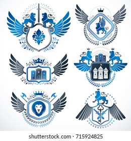 Vector classy heraldic Coat of Arms. Collection of blazons stylized in vintage design and created with graphic elements, royal crowns and flags, stars, towers, armory, religious crosses.