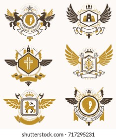 Vector classy heraldic Coat of Arms. Collection of blazons stylized in vintage design and created with graphic elements, royal crowns and flags, stars, towers, armory, religious crosses.