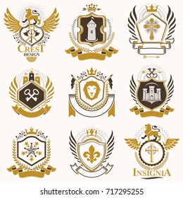 Vector classy heraldic Coat of Arms. Collection of blazons stylized in vintage design and created with graphic elements, royal crowns and flags, stars, towers, armory, religious crosses.