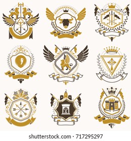 Vector classy heraldic Coat of Arms. Collection of blazons stylized in vintage design and created with graphic elements, royal crowns and flags, stars, towers, armory, religious crosses.