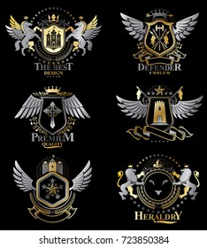 Vector classy heraldic Coat of Arms. Collection of blazons stylized in vintage design and created with graphic elements, royal crowns and flags, stars, towers, armory, religious crosses.