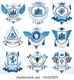 Vector classy heraldic Coat of Arms. Collection of blazons stylized in vintage design and created with graphic elements, royal crowns and flags, stars, towers, armory, religious crosses.