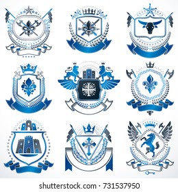 Vector classy heraldic Coat of Arms. Collection of blazons stylized in vintage design and created with graphic elements, royal crowns and flags, stars, towers, armory, religious crosses.