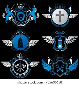 Vector classy heraldic Coat of Arms. Collection of blazons stylized in vintage design and created with graphic elements, royal crowns and flags, stars, towers, armory, religious crosses.