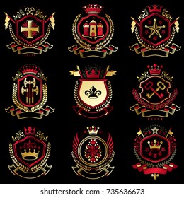 Vector classy heraldic Coat of Arms. Collection of blazons stylized in vintage design and created with graphic elements, royal crowns and flags, stars, towers, armory, religious crosses.