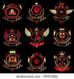 Vector classy heraldic Coat of Arms. Collection of blazons stylized in vintage design and created with graphic elements, royal crowns and flags, stars, towers, armory, religious crosses.