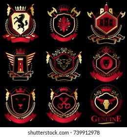 Vector classy heraldic Coat of Arms. Collection of blazons stylized in vintage design and created with graphic elements, royal crowns and flags, stars, towers, armory, religious crosses.