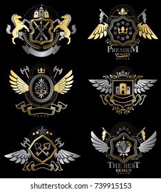 Vector classy heraldic Coat of Arms. Collection of blazons stylized in vintage design and created with graphic elements, royal crowns and flags, stars, towers, armory, religious crosses.