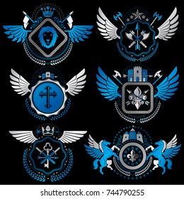 Vector classy heraldic Coat of Arms. Collection of blazons stylized in vintage design and created with graphic elements, royal crowns and flags, stars, towers, armory, religious crosses.