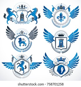 Vector classy heraldic Coat of Arms. Collection of blazons stylized in vintage design and created with graphic elements, royal crowns and flags, stars, towers, armory, religious crosses.