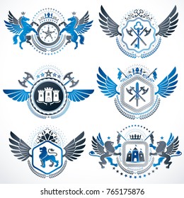 Vector classy heraldic Coat of Arms. Collection of blazons stylized in vintage design and created with graphic elements, royal crowns and flags, stars, towers, armory, religious crosses.