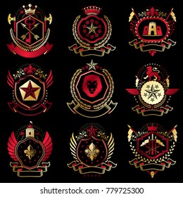 Vector classy heraldic Coat of Arms. Collection of blazons stylized in vintage design and created with graphic elements, royal crowns and flags, stars, towers, armory, religious crosses.