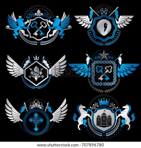 Vector classy heraldic Coat of Arms. Collection of blazons stylized in vintage design and created with graphic elements, royal crowns and flags, stars, towers, armory, religious crosses.