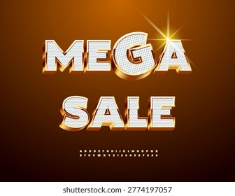 Vector Classy Promo Mega Sale. Fashion White and Golden 3D Font. Exclusive Luxury Alphabet Letters and Numbers set