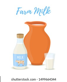 Vector clay jar with milk, bottle and glass, dairy farm product. Natural milk.