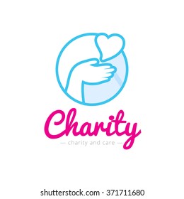 Vector clean charity center logo. Hospital logotype with hands and heart