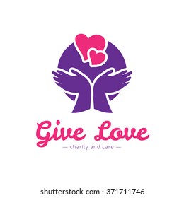 Vector clean charity center logo. Hospital logotype with hands and heart