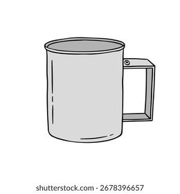 Vektorreiner, verbeulter alter Metallbecher einzeln auf weißem Hintergrund. Handgezeichnete graue Tasse für Ihre Designs