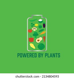 A vector of clean eating and be a vegetarian concept. Battery shape filled with vegetables and powered by plants word.
