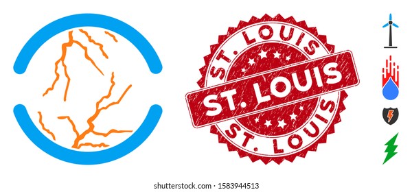 Vector clean energy icon and grunge round stamp seal with St. Louis text. Flat clean energy icon is isolated on a white background. St. Louis seal uses red color and grunge surface.