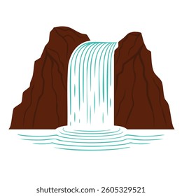 Vector Clean and Modern Waterfall Landscape with Symmetrical Composition and Light Blue and Brown Color Palette