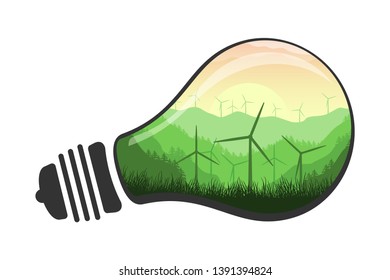 Vector clean renewable energy illustration. Eco energy concept wind turbine in a light bulb. Isolated on a white background.