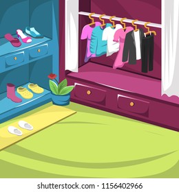 Vector Clean Shoes Cupboard and Dress Room with jacket hanger, pair of shoes and white curtain for illustration Cartoon Interior ideas