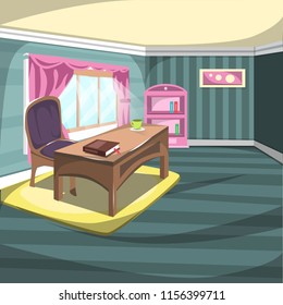 Vector Clean Working Room at Home with Work desk, lamp desk, pair of big chair, bookshelf, wall decoration and big window for illustration Cartoon Interior ideas