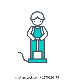 Vector cleaning agency staff. Flat outline icon of man doing vaacuum cleaning (pumping) with hoover in worker uniform. Design element for cleaning company advertising, banner, poster.
