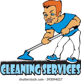 vector cleaning character with cleaning equipment. Friendly smiling worker