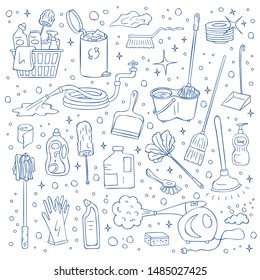 Vector cleaning doodle elements set isolated on white background. Hand drawn bucket, sponge, detergent, hose, plunger and steam cleaner illustration.