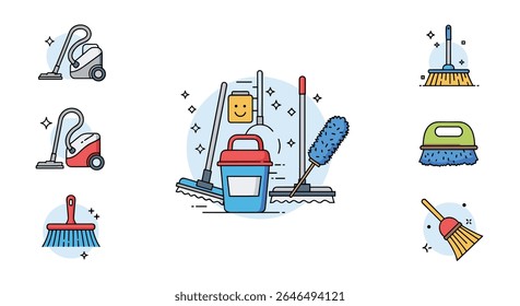 Vector cleaning equipment design set tools for household cleaning and maid service