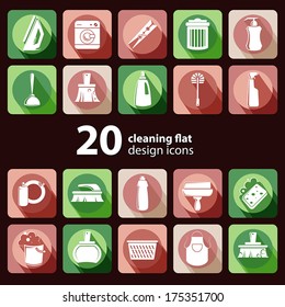 vector cleaning flat design icon set with long shadow effect in stylish colors for your design. 