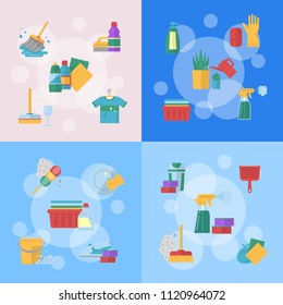 Vector cleaning flat icons illustration for colored banner or poster
