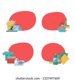 Vector cleaning flat icons stickers set with place for text illustration