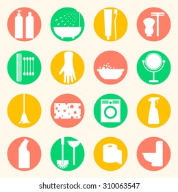 Vector cleaning and hygiene products flat icons. Cleaner and toilet paper, toothpaste and mirror, sponge and washing machine and mop.
