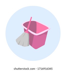 Vector cleaning icon. bucket and broom. Illustration of cleaning items in pink on a blue circle background. Clean