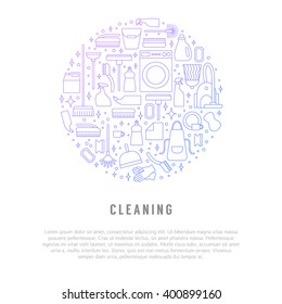 Vector cleaning line icon set, concept, poster. Vacuum cleaner, protective gloves, plunger, spray bottle,  wipe, squeegee, sponge, bucket, mop, brush, duster and many more.