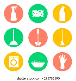 Vector cleaning products flat icons. Sponge and washing machine and mop and cleaner.