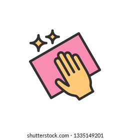 Vector cleaning with rag flat color line icon.