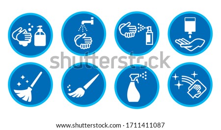 Vector cleaning sanitizer and hands washing icons