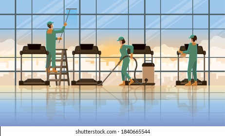 Vector Of Cleaning Service Team Maid Working At Treadmill Fitness Center In Early Morning Sunrise. Occupation Lifestyle Professional Maintenance Service Before Re-opening Business Hours For Exercise.