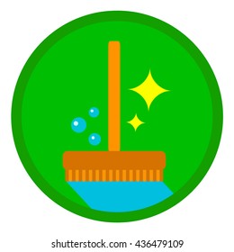 Vector cleaning services logo with broom, water, bubbles and sparkles. Vector cleaning icon. Cleaning company logo. Cleaner services logo. Cleaning up icon. Tidying up icon. Cleaning tool. Mop logo. 