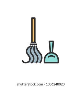 Vector cleaning tools, scoop, broom flat color line icon.