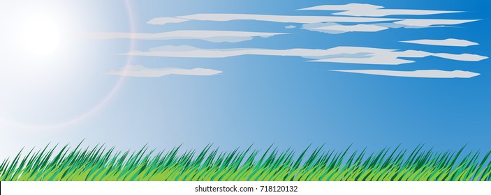 Vector of clear blue sky with grass land and the sun ray.