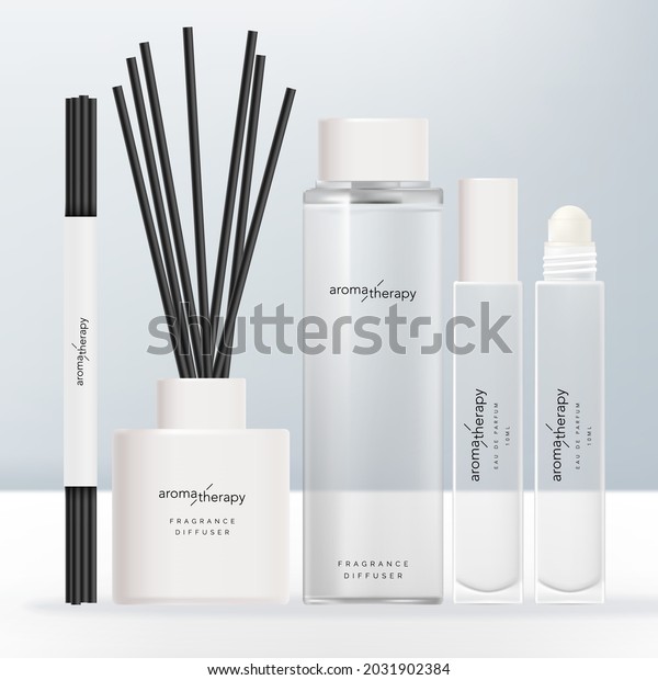 Vector Clear Glass or Plastic Tall Screw
Cap Bottle, Opaque White Diffuser, Roll-on Fragrance Bottle and
Charcoal Reed Aromatic Home Diffuser
Set.