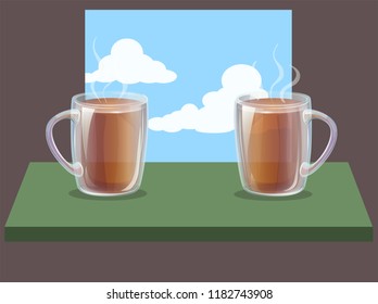 Vector clear glass two mugs with hot drink on table and sky background