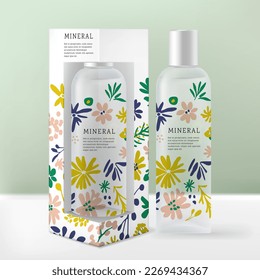 Vector Clear Plastic Spray, Pump or Serum Bottle Packaging with Botanical Print Pattern and Carton Box.