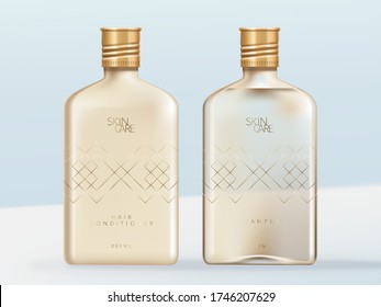 Vector Alcohol transparente o transparente, cuidado de la piel o Ilustración de botella de vidrio de belleza. Shampoo y acondicionador, formulación opaca y transparente.